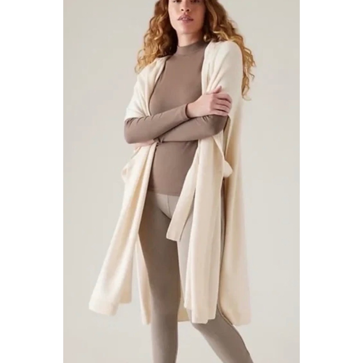 Athleta 100% Wool Hooded Wrap Poncho Cream Ivory One Size Os Open Front Cardigan